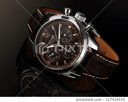 Classic Chronograph Watch with Brown Dial and Leather Strap 127416550