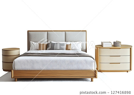A bed with a white comforter and pillows, a nightstand, and a dresser 127416898