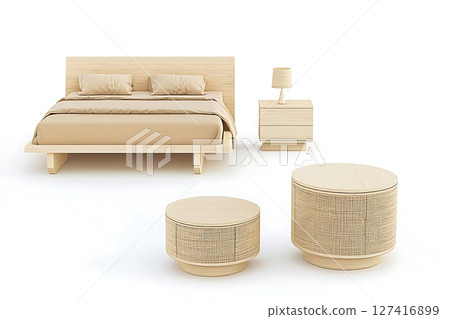 A bed, nightstand, and table are shown in a white background 127416899