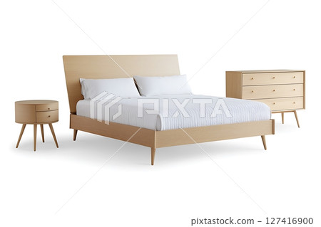 A bed, nightstand and dresser are shown in a white background 127416900