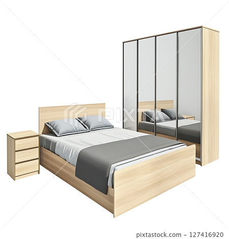 A wooden bed with a grey blanket 127416920