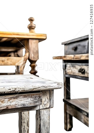 A white and black wooden table with a chair and a stool A white and black wooden table with a chair and a stool 127416935