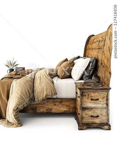 A wooden bed with a brown comforter and pillows 127416936