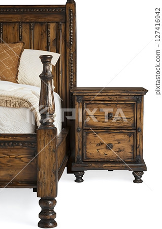 A wooden bed with a brown nightstand next to it 127416942