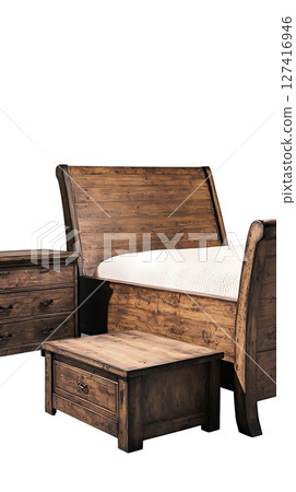 A wooden bed with a white sheet and a wooden nightstand with a small box on it 127416946