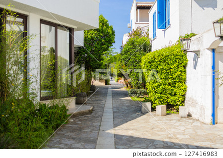Narrow stone pathway between white buildings with lush greenery and blue shutters. Mediterranean village vibe, summer tranquility, and relaxed architectural style. Narrow stone pathway between white buildings with lush greenery and blue shutters. Mediterranean village vibe, summer tranquility, and relaxed architectural style. 127416983