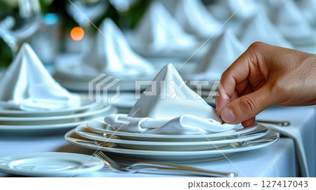 Set dining table with colorful bowls, plates, glasses, and silverware Set dining table with colorful bowls, plates, glasses, and silverware 127417043