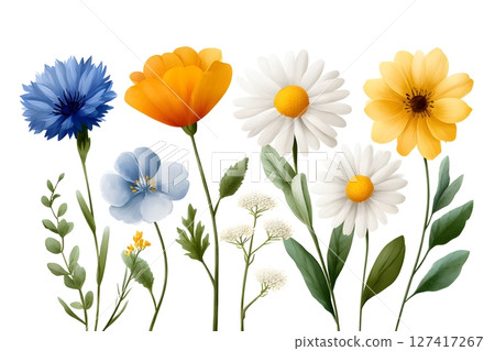 A vibrant watercolor illustration of wildflowers, including daisies, poppies, and cornflowers. This colorful floral arrangement is ideal for nature-inspired designs, prints, and stationery. 127417267