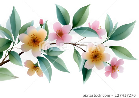 Beautiful illustration of blossoming cherry branches with pastel yellow and pink flowers and lush green leaves. Perfect for spring-themed designs and elegant floral compositions. 127417276
