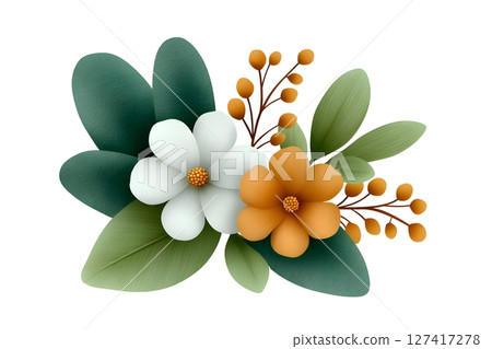 Stylish floral illustration featuring white and orange flowers with lush green leaves and orange berries. Ideal for decorative designs, invitations, and nature-inspired projects. 127417278