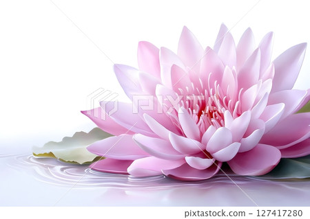 A serene photo of a pink lotus flower floating gracefully on still water, surrounded by gentle ripples. Perfect for themes of tranquility, purity, and natural beauty. 127417280