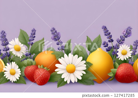 Vibrant illustration featuring strawberries, lemons, oranges, daisies, and lavender against a purple background. An ideal choice for refreshing summer designs and nature-themed art. 127417285