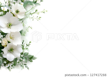 Elegant floral border with white flowers and green leaves on a clean white background. Perfect for wedding invitations, greeting cards, and sophisticated designs. 127417288