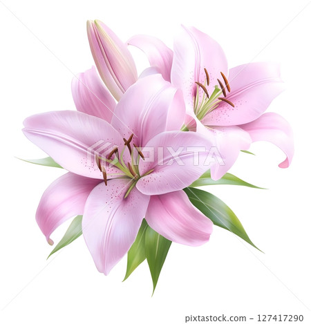 Pink lilies, in full bloom, grace a pristine white background. Their delicate petals and lush green leaves create a serene, natural beauty. 127417290