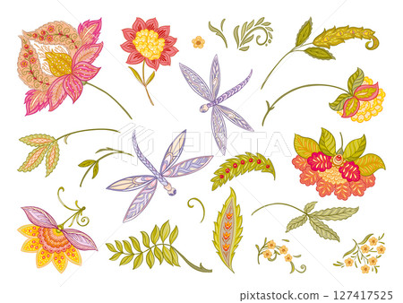 Fantasy flowers in retro, vintage, jacobean embroidery style Fantasy flowers in retro, vintage, jacobean embroidery style 127417525