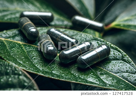 Black herbal capsules resting on wet green leaves 127417528