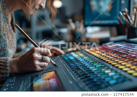 Female artist painting with watercolors on digital tablet in art studio 127417534