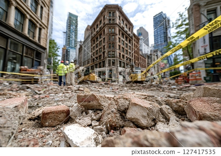 Construction workers supervising road demolition in city center Construction workers supervising road demolition in city center 127417535