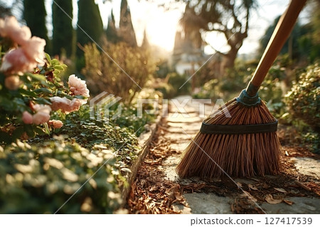 Gardener sweeping dry leaves in a formal garden at sunset Gardener sweeping dry leaves in a formal garden at sunset 127417539