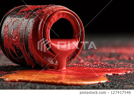 Red paint spilling from a messy can on a black surface 127417546