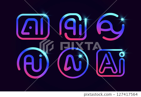 AI Logo Design Template Neon Gradient Style. Artificial Intelligence Outline Icons. Modern Logotype For Digital Automatisation Tech Branding, Startup Identity, App, Futuristic UI. Vector Illustration 127417564