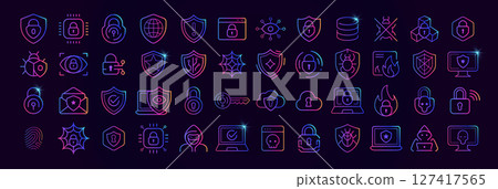 Cybersecurity icon set with neon gradient style. Shield, padlock, firewall, fingerprint, virus, hacker, cloud and data protection symbols for cyber defense, privacy, encryption. Vector illustration 127417565