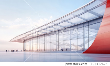 Visitors explore a futuristic exhibition center characterized by a striking design, glass facades, and an inviting atmosphere 127417626