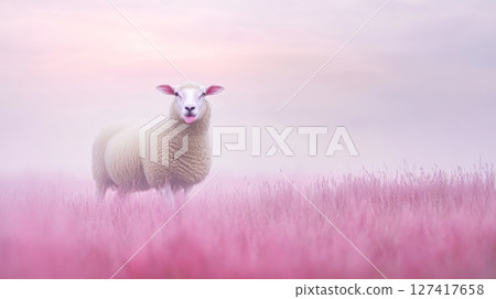 A lively sheep stands in a soft pink meadow during dawn, surrounded by a gentle mist, radiating joy and curiosity in the serene landscape 127417658