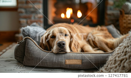 Golden retriever relaxes on a soft, personalized dog bed near a warm fireplace, enjoying a cozy atmosphere in a home setting Golden retriever relaxes on a soft, personalized dog bed near a warm fireplace, enjoying a cozy atmosphere in a home setting 127417781