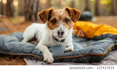 Portable dog bed rolls up easily for travel, providing comfort for pets in natural settings during camping trips or hikes Portable dog bed rolls up easily for travel, providing comfort for pets in natural settings during camping trips or hikes 127417814