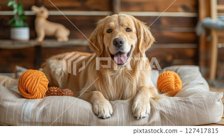 Dog relaxes on a durable and washable canvas bed surrounded by playful yarn balls in a warm, inviting indoor environment 127417815