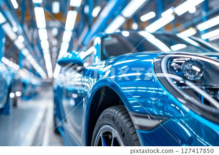 High-tech production line features a vibrant blue car undergoing assembly, highlighting advanced manufacturing techniques and precision 127417850