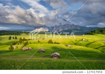 Alpine mountains in low clouds, wooden houses, flowers Alpine mountains in low clouds, wooden houses, flowers 127417958
