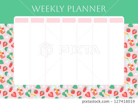 Weekly planner with red strawberry lemonade pattern. Berry, ice cube and foliage on green background. Lifestyle planner for 7 days. Schedule design template. Vector flat illustration 127418019