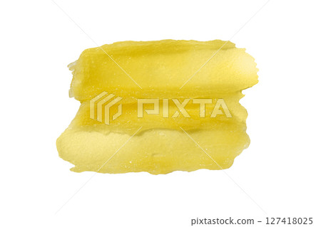 Mango yellow sugar scrub swatch isolated on white background, showcasing smooth texture, ideal for beauty and skincare product presentations. Mango fruit exfoliating scrubber swatch for design. Mango yellow sugar scrub swatch isolated on white background, showcasing smooth texture, ideal for beauty and skincare product presentations. Mango fruit exfoliating scrubber swatch for design. 127418025