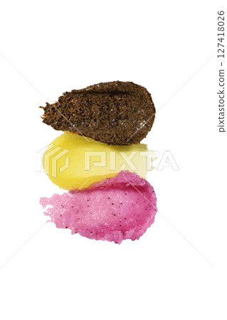 Mango, strawberry and coffee sugar scrub swatch isolated on white background, showcasing smooth texture, ideal for beauty and skincare product presentations. Exfoliating scrubber swatch for design. 127418026