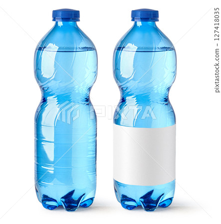 Small water bottles showing front view with blank label and without label Small water bottles showing front view with blank label and without label 127418035
