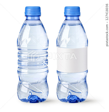 Small water bottles showing front view with blank label and without label Small water bottles showing front view with blank label and without label 127418036