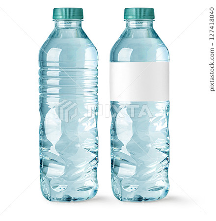 Small water bottles showing front view with blank label and without label Small water bottles showing front view with blank label and without label 127418040