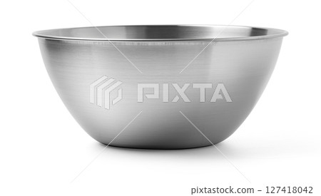 Empty stainless steel mixing bowl on white background 127418042