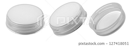 Three plastic bottle caps showing different sides 127418051
