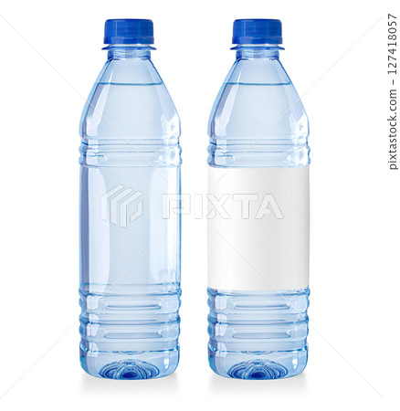 Small water bottles showing front view with blank label and without label 127418057