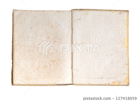 Open old book showing blank pages on white background 127418059