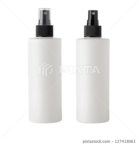 White blank plastic spray bottles for cosmetics product mockup standing on white background 127418061