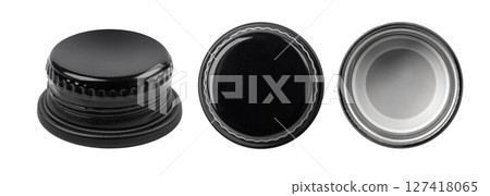 Black bottle cap showing different perspectives, isolated on white background Black bottle cap showing different perspectives, isolated on white background 127418065