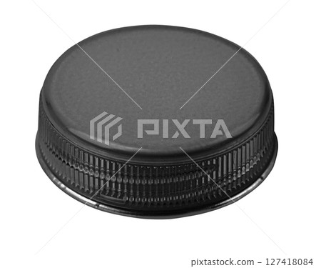 One Black plastic bottle caps showing different sides One Black plastic bottle caps showing different sides 127418084