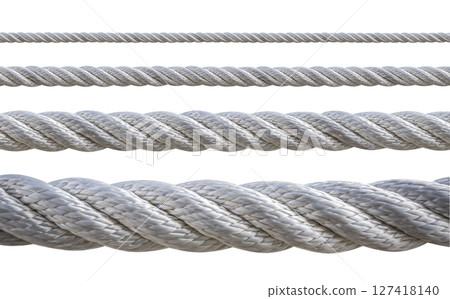 Four grey ropes of different thicknesses lying horizontally on white background Four grey ropes of different thicknesses lying horizontally on white background 127418140