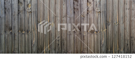 Old weathered gray wood panels creating rustic background texture 127418152