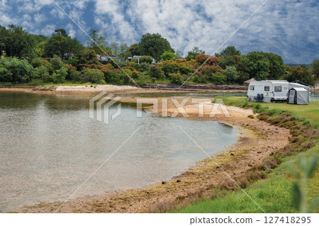 Calm sea bank with camping in Istria, Croatia. 127418295