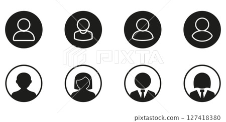 User and Business Avatar Icons in Filled and Outline Circular Frames Solid Icon Set. Professional and Anonymous Login Profile Placeholder Silhouette Symbol Collection. Isolated Vector Illustration User and Business Avatar Icons in Filled and Outline Circular Frames Solid Icon Set. Professional and Anonymous Login Profile Placeholder Silhouette Symbol Collection. Isolated Vector Illustration 127418380